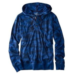 American Eagle Blue Patterned Pullover Hoodie Button Neck XXL